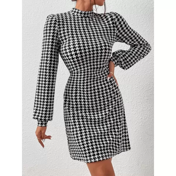 WDIRARA Women's Plaid Tweed Mock Neck Lantern Long Sleeve Dress Casual A Line Dresses
