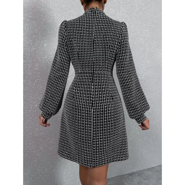 WDIRARA Women's Plaid Tweed Mock Neck Lantern Long Sleeve Dress Casual A Line Dresses