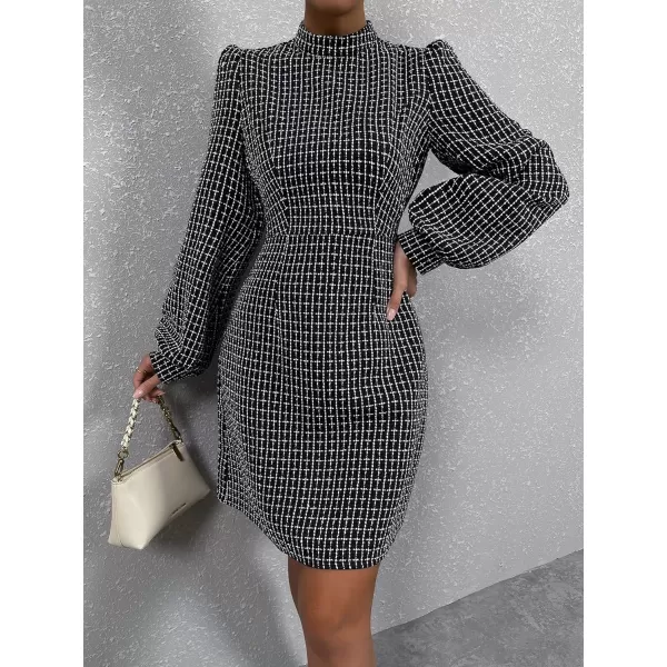 WDIRARA Women's Plaid Tweed Mock Neck Lantern Long Sleeve Dress Casual A Line Dresses