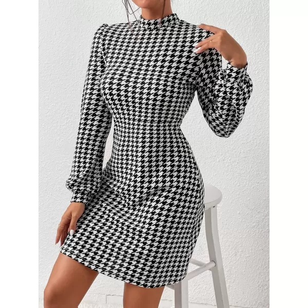 WDIRARA Women's Plaid Tweed Mock Neck Lantern Long Sleeve Dress Casual A Line Dresses