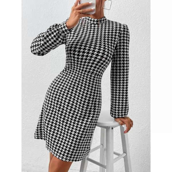 WDIRARA Women's Plaid Tweed Mock Neck Lantern Long Sleeve Dress Casual A Line Dresses