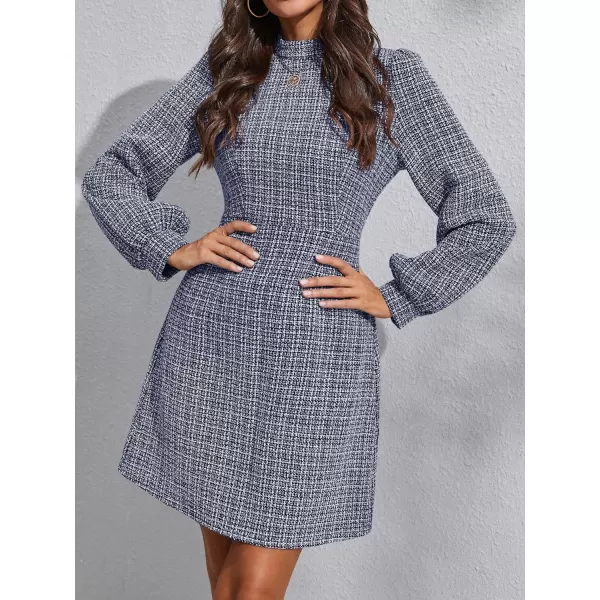 WDIRARA Women's Plaid Tweed Mock Neck Lantern Long Sleeve Dress Casual A Line Dresses