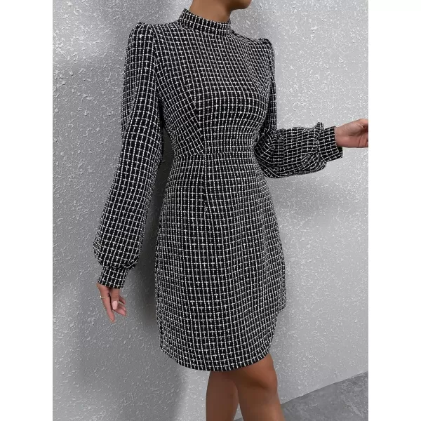 WDIRARA Women's Plaid Tweed Mock Neck Lantern Long Sleeve Dress Casual A Line Dresses