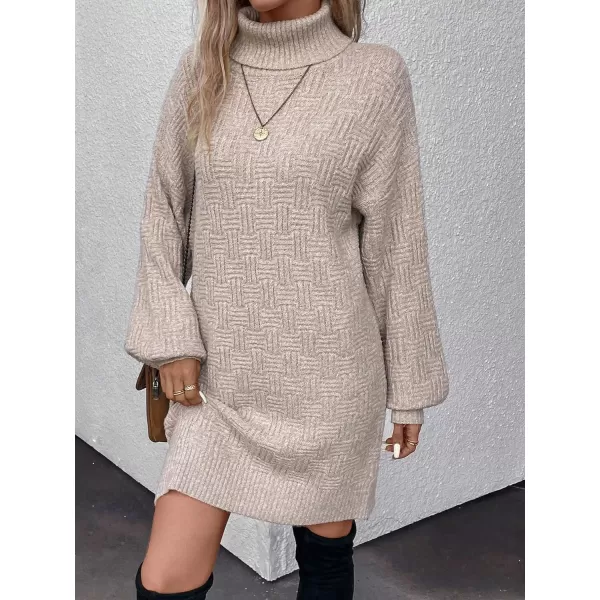 WDIRARA Women's Plaid Tweed Mock Neck Lantern Long Sleeve Dress Casual A Line Dresses