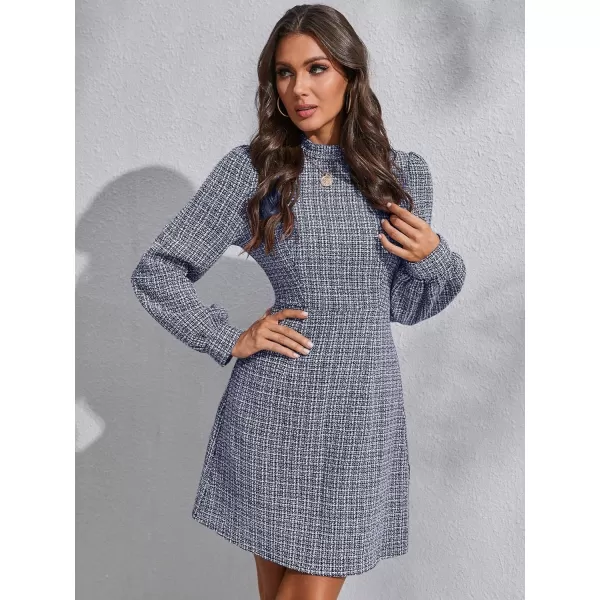 WDIRARA Women's Plaid Tweed Mock Neck Lantern Long Sleeve Dress Casual A Line Dresses