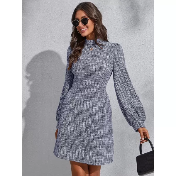 WDIRARA Women's Plaid Tweed Mock Neck Lantern Long Sleeve Dress Casual A Line Dresses