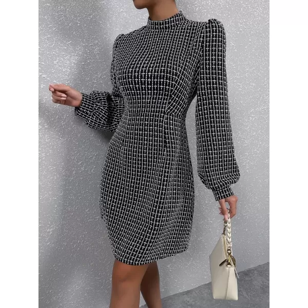 WDIRARA Women's Plaid Tweed Mock Neck Lantern Long Sleeve Dress Casual A Line Dresses