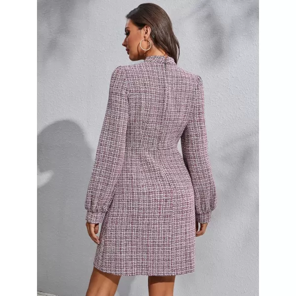 WDIRARA Women's Plaid Tweed Mock Neck Lantern Long Sleeve Dress Casual A Line Dresses