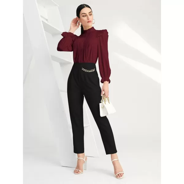 WDIRARA Women's Pleated Ruffle Trim Flounce Long Sleeve Mock Neck Blouse Top
