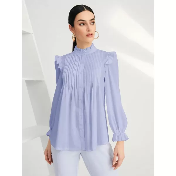 WDIRARA Women's Pleated Ruffle Trim Flounce Long Sleeve Mock Neck Blouse Top