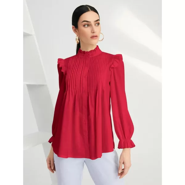 WDIRARA Women's Pleated Ruffle Trim Flounce Long Sleeve Mock Neck Blouse Top