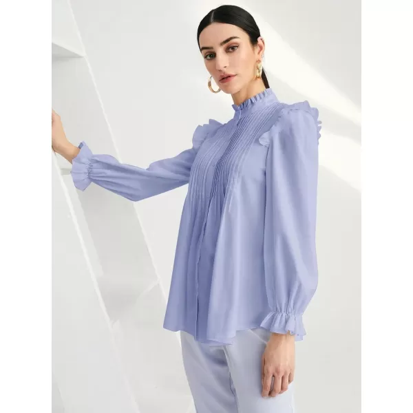 WDIRARA Women's Pleated Ruffle Trim Flounce Long Sleeve Mock Neck Blouse Top