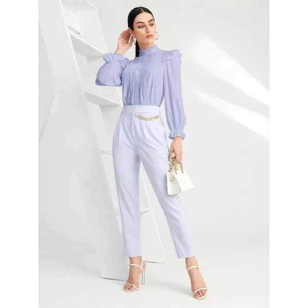 WDIRARA Women's Pleated Ruffle Trim Flounce Long Sleeve Mock Neck Blouse Top