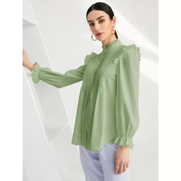 WDIRARA Women's Pleated Ruffle Trim Flounce Long Sleeve Mock Neck Blouse Top
