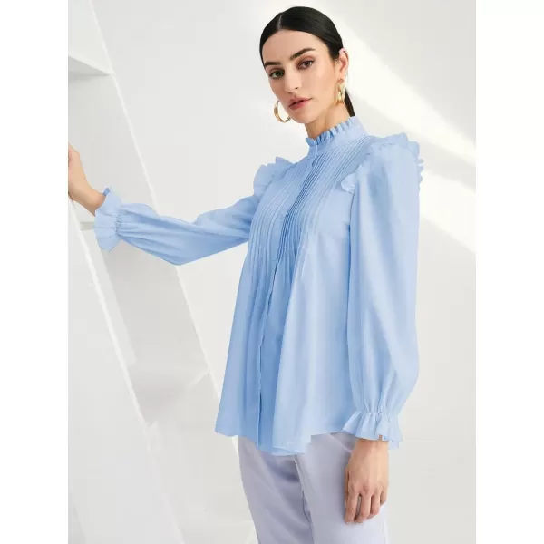 WDIRARA Women's Pleated Ruffle Trim Flounce Long Sleeve Mock Neck Blouse Top