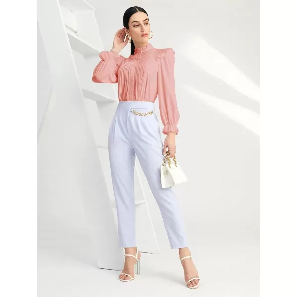 WDIRARA Women's Pleated Ruffle Trim Flounce Long Sleeve Mock Neck Blouse Top