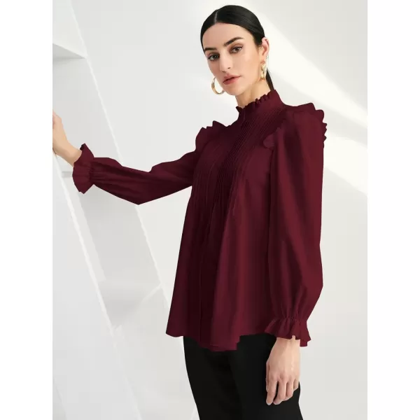 WDIRARA Women's Pleated Ruffle Trim Flounce Long Sleeve Mock Neck Blouse Top