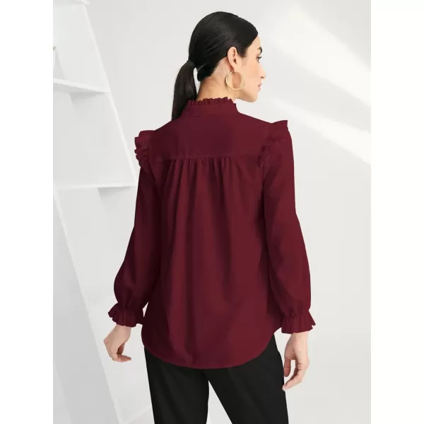 WDIRARA Women's Pleated Ruffle Trim Flounce Long Sleeve Mock Neck Blouse Top