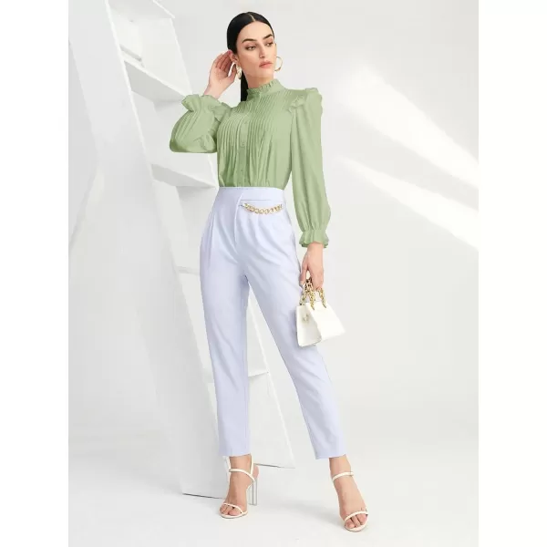 WDIRARA Women's Pleated Ruffle Trim Flounce Long Sleeve Mock Neck Blouse Top