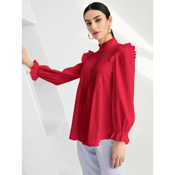 WDIRARA Women's Pleated Ruffle Trim Flounce Long Sleeve Mock Neck Blouse Top