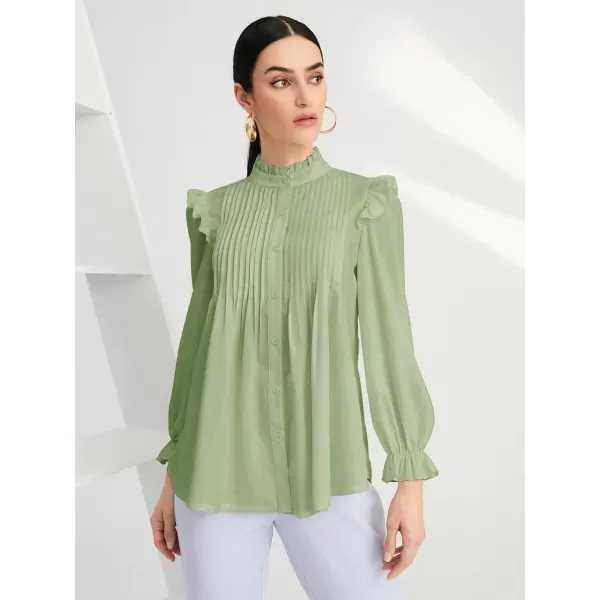 WDIRARA Women's Pleated Ruffle Trim Flounce Long Sleeve Mock Neck Blouse Top
