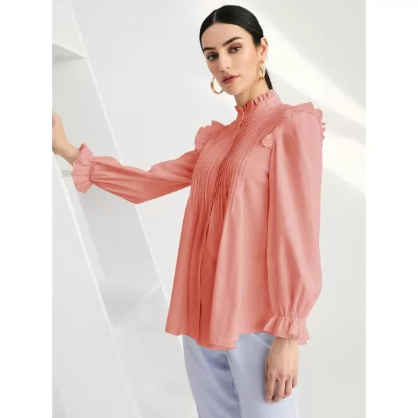 WDIRARA Women's Pleated Ruffle Trim Flounce Long Sleeve Mock Neck Blouse Top