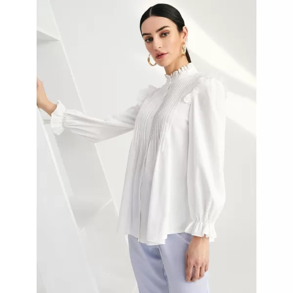 WDIRARA Women's Pleated Ruffle Trim Flounce Long Sleeve Mock Neck Blouse Top