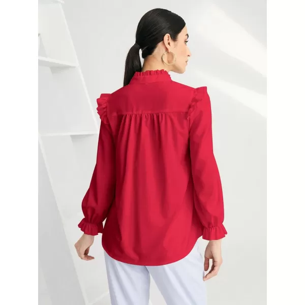 WDIRARA Women's Pleated Ruffle Trim Flounce Long Sleeve Mock Neck Blouse Top