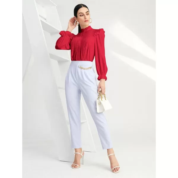 WDIRARA Women's Pleated Ruffle Trim Flounce Long Sleeve Mock Neck Blouse Top
