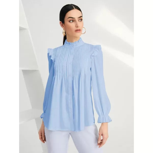 WDIRARA Women's Pleated Ruffle Trim Flounce Long Sleeve Mock Neck Blouse Top