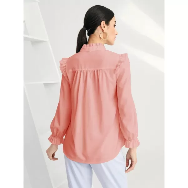 WDIRARA Women's Pleated Ruffle Trim Flounce Long Sleeve Mock Neck Blouse Top