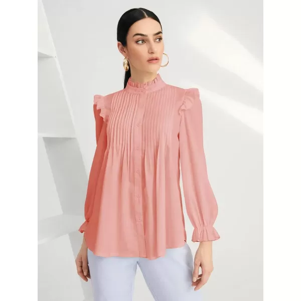 WDIRARA Women's Pleated Ruffle Trim Flounce Long Sleeve Mock Neck Blouse Top