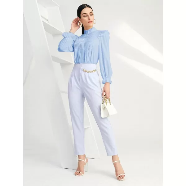 WDIRARA Women's Pleated Ruffle Trim Flounce Long Sleeve Mock Neck Blouse Top