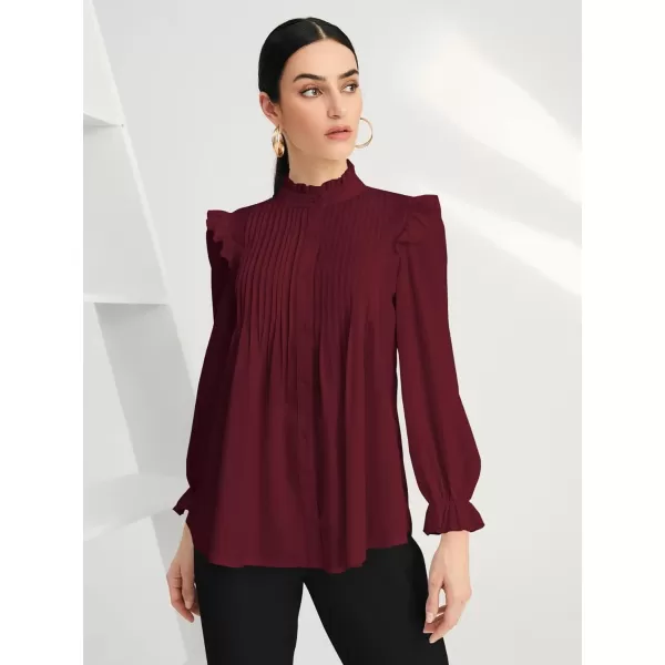 WDIRARA Women's Pleated Ruffle Trim Flounce Long Sleeve Mock Neck Blouse Top