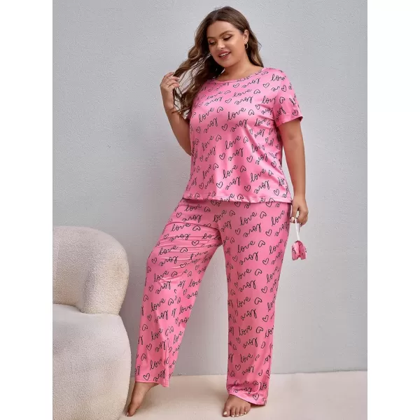 WDIRARA Women's Plus 3 Piece Heart Print Short Sleeve Top and Pants Pajama Set with Eye Mask