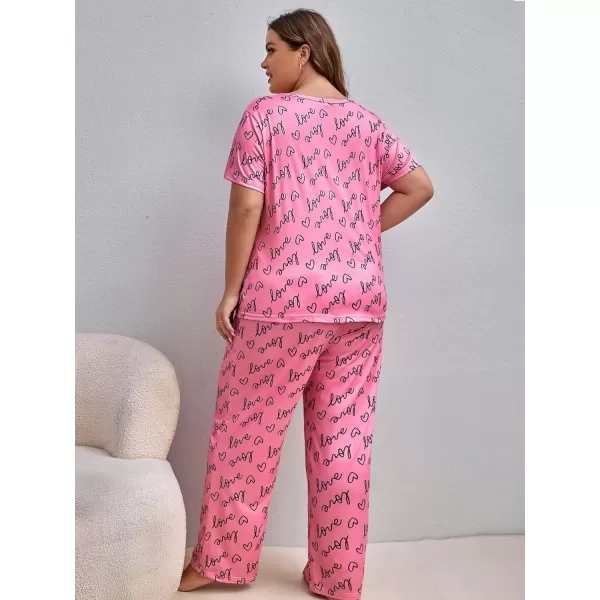 WDIRARA Women's Plus 3 Piece Heart Print Short Sleeve Top and Pants Pajama Set with Eye Mask