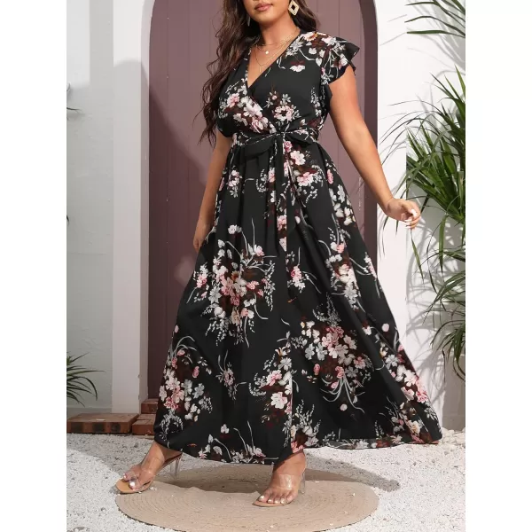 WDIRARA Women's Plus Floral Wrap V Neck Slit A Line Flutter Sleeve Swing Belted Maxi Dress