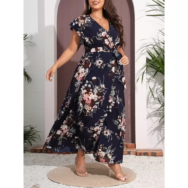 WDIRARA Women's Plus Floral Wrap V Neck Slit A Line Flutter Sleeve Swing Belted Maxi Dress