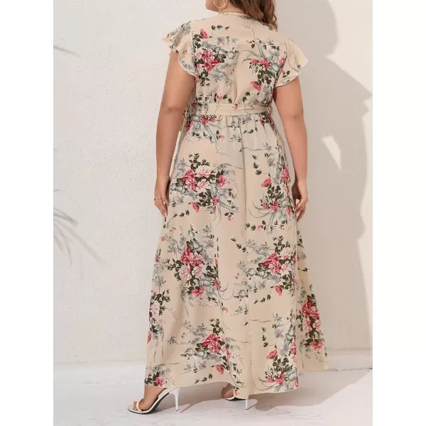 WDIRARA Women's Plus Floral Wrap V Neck Slit A Line Flutter Sleeve Swing Belted Maxi Dress