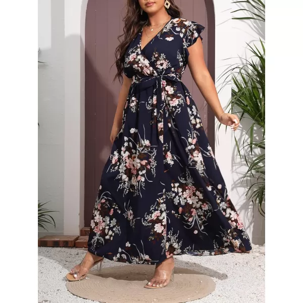 WDIRARA Women's Plus Floral Wrap V Neck Slit A Line Flutter Sleeve Swing Belted Maxi Dress