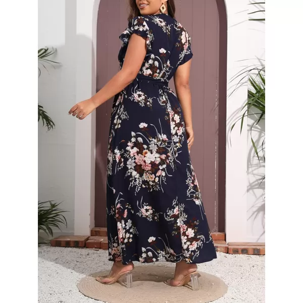 WDIRARA Women's Plus Floral Wrap V Neck Slit A Line Flutter Sleeve Swing Belted Maxi Dress