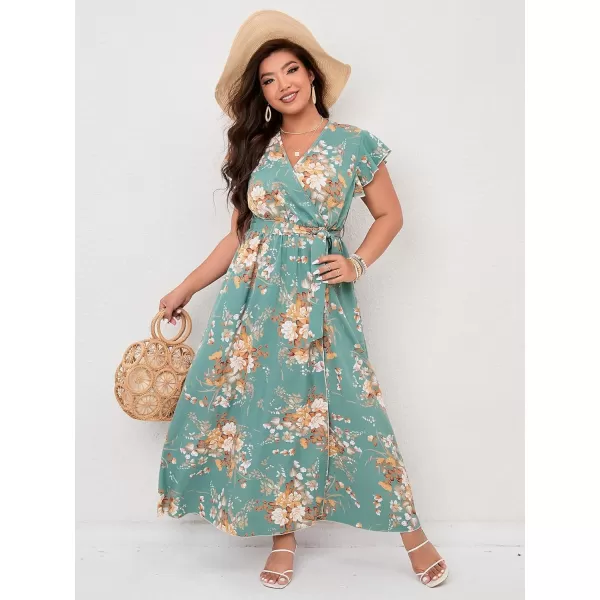 WDIRARA Women's Plus Floral Wrap V Neck Slit A Line Flutter Sleeve Swing Belted Maxi Dress