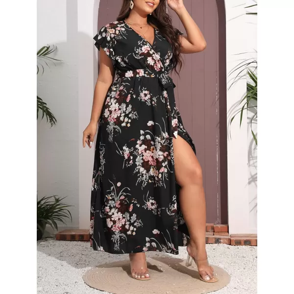 WDIRARA Women's Plus Floral Wrap V Neck Slit A Line Flutter Sleeve Swing Belted Maxi Dress