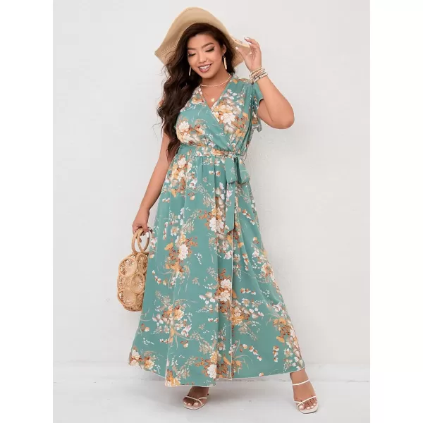 WDIRARA Women's Plus Floral Wrap V Neck Slit A Line Flutter Sleeve Swing Belted Maxi Dress