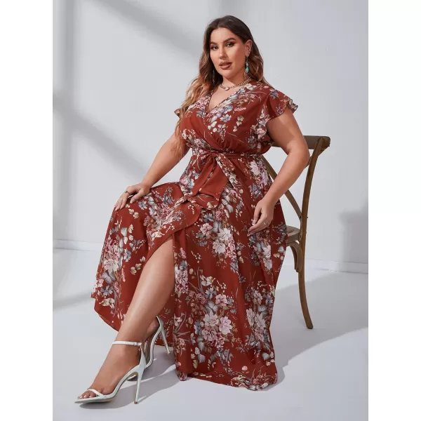 WDIRARA Women's Plus Floral Wrap V Neck Slit A Line Flutter Sleeve Swing Belted Maxi Dress