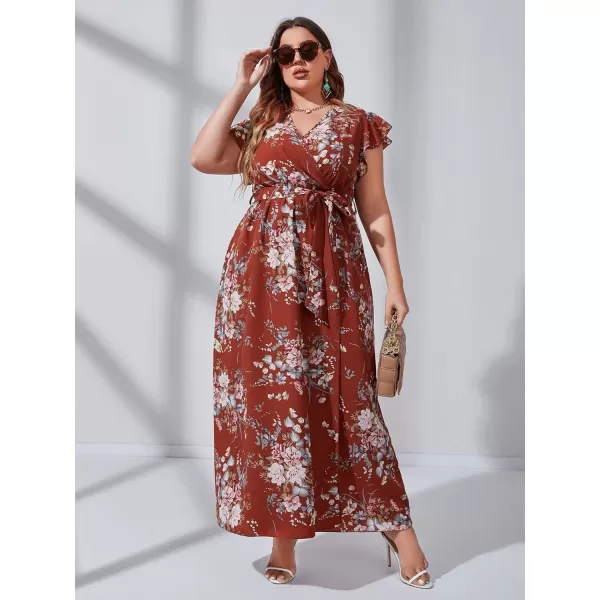 WDIRARA Women's Plus Floral Wrap V Neck Slit A Line Flutter Sleeve Swing Belted Maxi Dress