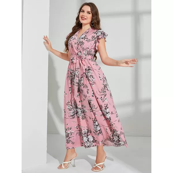 WDIRARA Women's Plus Floral Wrap V Neck Slit A Line Flutter Sleeve Swing Belted Maxi Dress