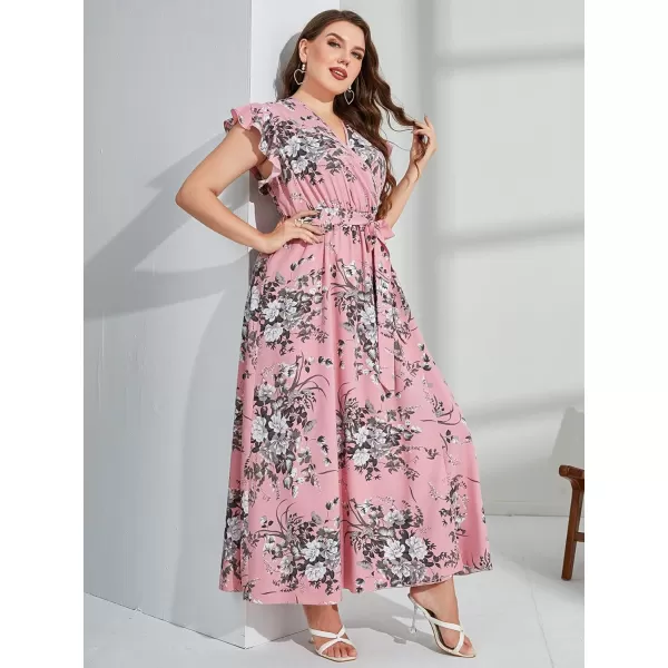 WDIRARA Women's Plus Floral Wrap V Neck Slit A Line Flutter Sleeve Swing Belted Maxi Dress