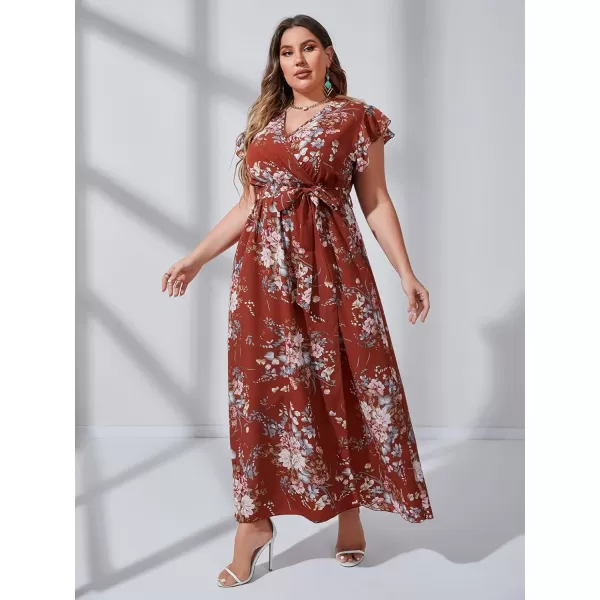 WDIRARA Women's Plus Floral Wrap V Neck Slit A Line Flutter Sleeve Swing Belted Maxi Dress