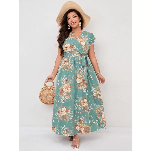 WDIRARA Women's Plus Floral Wrap V Neck Slit A Line Flutter Sleeve Swing Belted Maxi Dress
